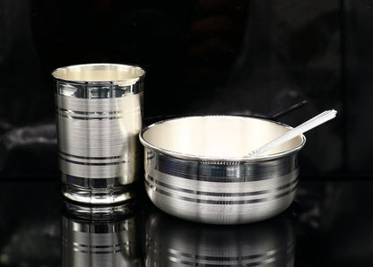 Silver utensils set including a water milk glass, bowl, tumbler, spoon, and baby food utensils by Tribal Ornaments.