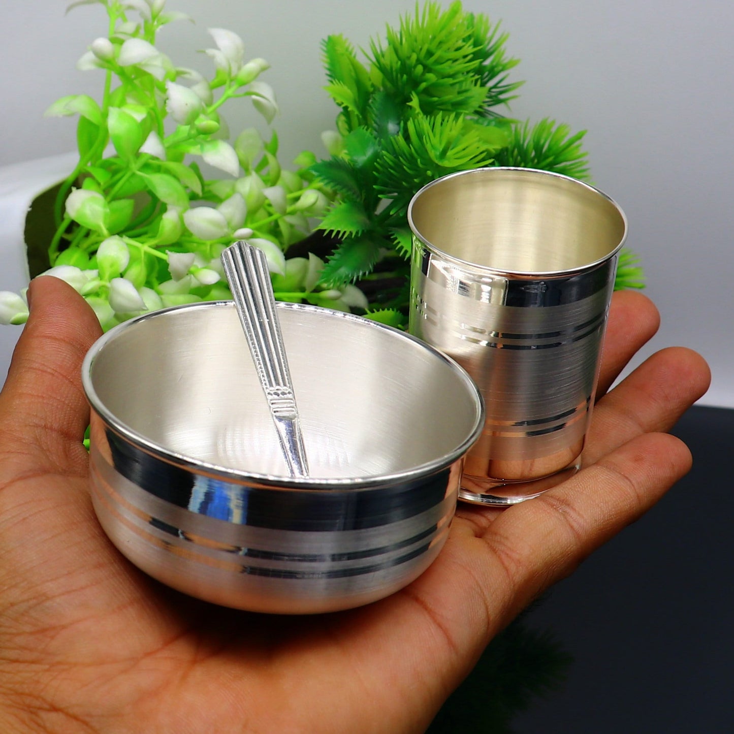 999 fine silver water milk glass and bowl, silver tumbler silver spoon, silver utensils, silver baby food utensils, silver article sv198 - TRIBAL ORNAMENTS