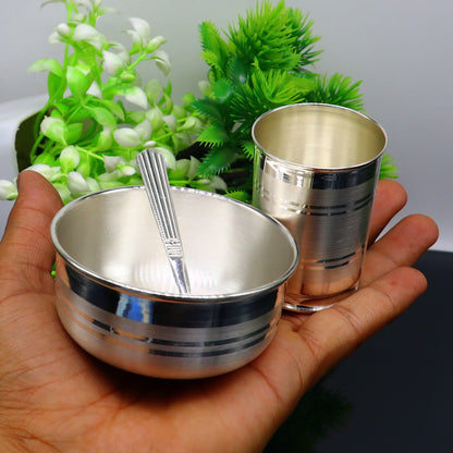 999 fine silver water milk glass, bowl, tumbler, spoon, and baby food utensils by Tribal Ornaments, silver set with intricate designs.