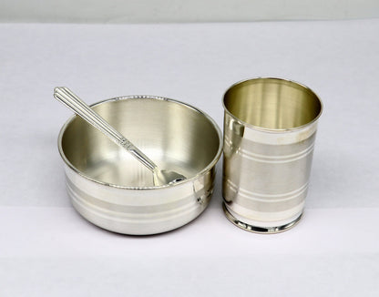 Silver water milk glass, bowl, tumbler, spoon, and baby food utensils by TRIBAL ORNAMENTS in fine 999 silver.