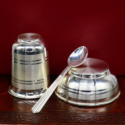 999 fine silver water milk glass, bowl, tumbler, spoon, and baby utensils set by Tribal Ornaments, elegant silver serving utensils.