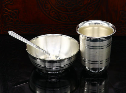 Silver water milk glass, bowl, tumbler, spoon, and baby utensils set by Tribal Ornaments in 999 fine silver.