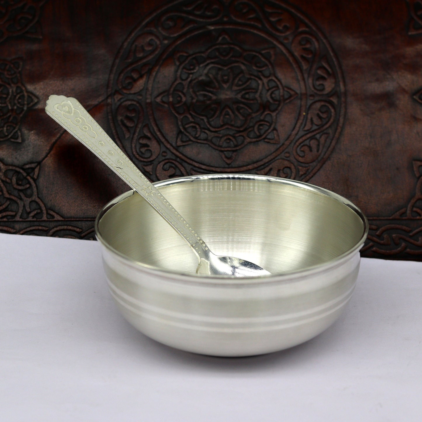 999 fine solid silver handmade bowl tray for baby food, pure silver vessel, silver utensils, home and kitchen accessories india sv93 - TRIBAL ORNAMENTS