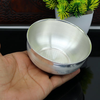 999 fine solid silver handmade bowl tray for baby food, pure silver vessel, silver utensils, home and kitchen accessories india sv93 - TRIBAL ORNAMENTS
