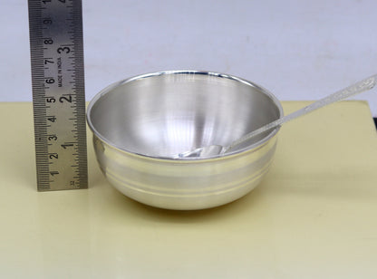 999 fine solid silver handmade bowl tray for baby food, pure silver vessel, silver utensils, home and kitchen accessories india sv93 - TRIBAL ORNAMENTS