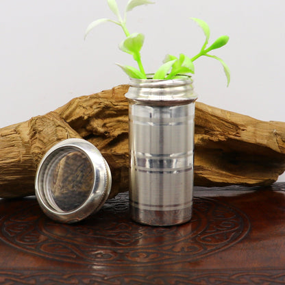 Handmade 999 fine solid silver pill box with tribal ornament design, small tobacco and storage silver box for men's accessories.