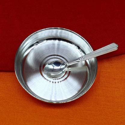 Solid silver handmade baby food serving tray by Tribal Ornaments, traditional utensil for rice ceremonies and kids' gifts in India.