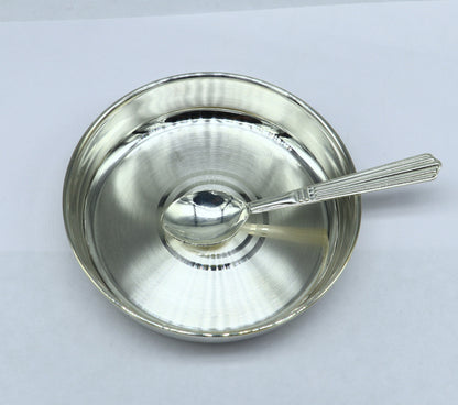 Solid silver handmade baby food tray by Tribal Ornaments, perfect for rice ceremony and Annaprashana serving utensils.