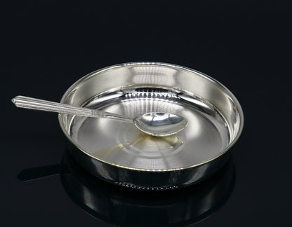 Solid silver handmade tray for baby food serving, ideal for rice ceremony, with intricate tribal design by TRIBAL ORNAMENTS.