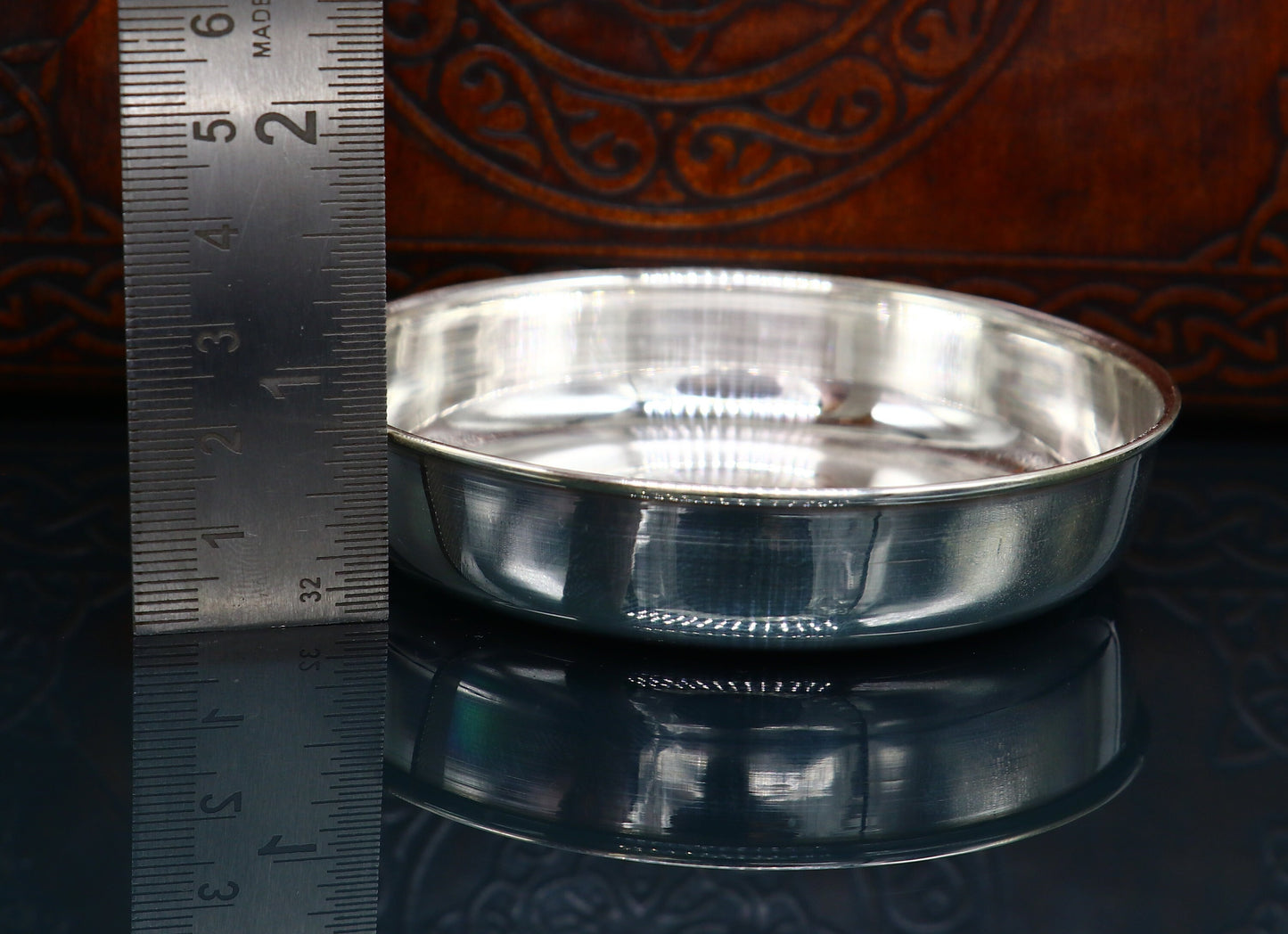Solid silver handmade baby food tray by TRIBAL ORNAMENTS, ideal for rice ceremony or Annaprashana serving utensils in India.
