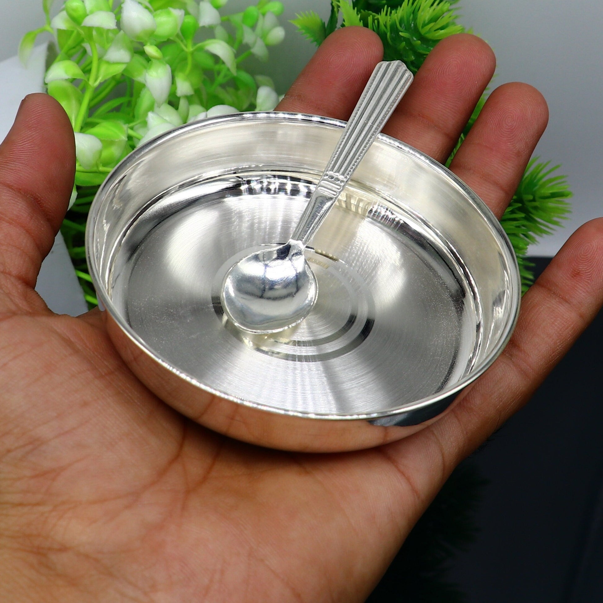 Solid silver handmade baby food serving tray by Tribal Ornaments, ideal for rice ceremony and Annaprashana celebrations.