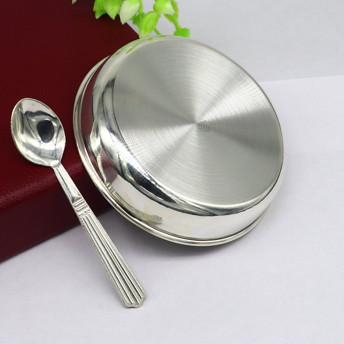 Solid silver handmade baby food tray by Tribal Ornaments, ideal for rice ceremony or Annaprashana serving, traditional Indian utensil.