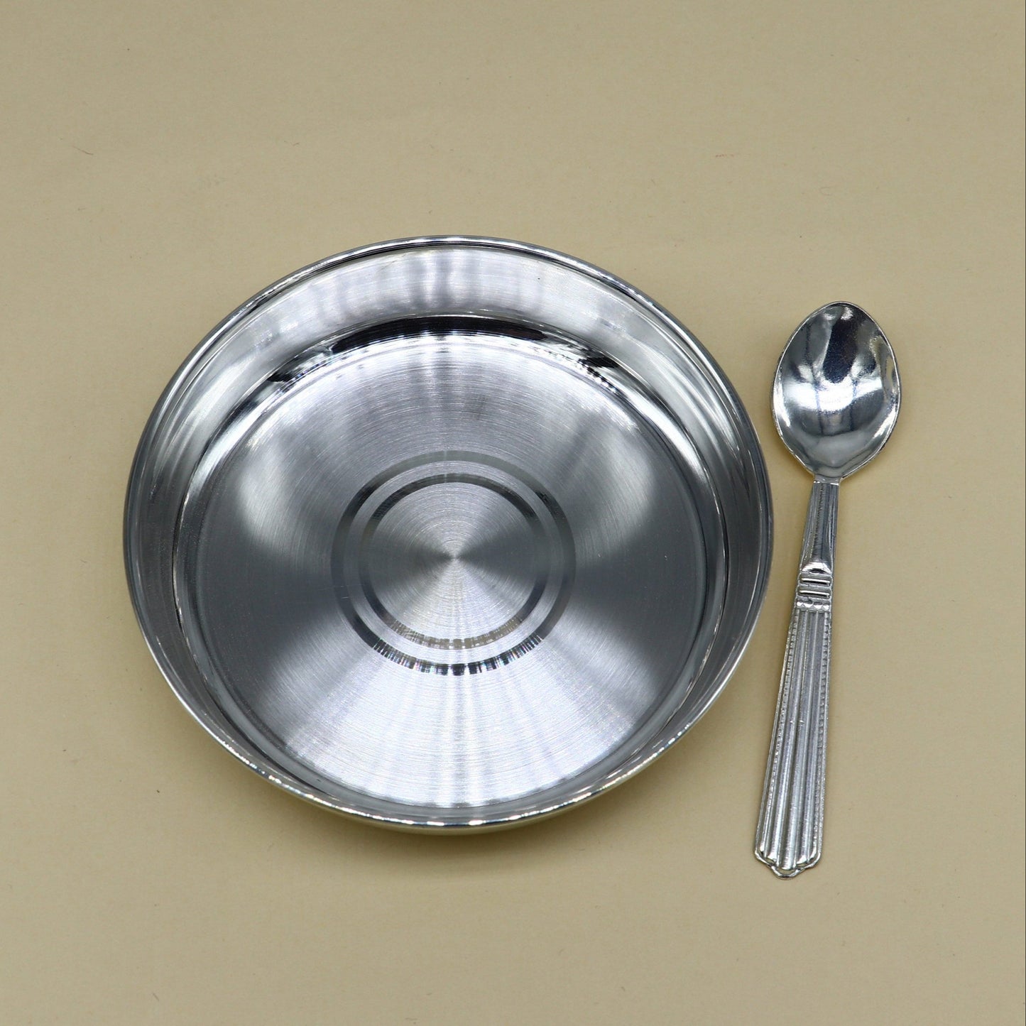 Solid silver handmade baby food tray by Tribal Ornaments, ideal for rice ceremony or Annaprashana serving utensils.
