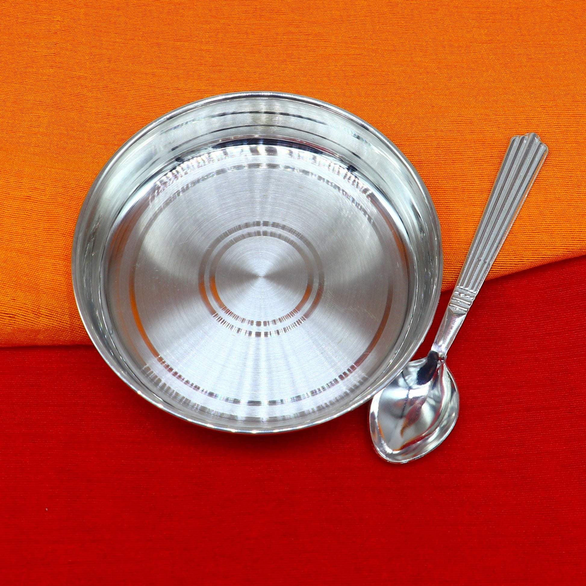 Handmade 999 fine solid silver tray for baby food serving, ideal for rice ceremony and Annaprashana gifts by Tribal Ornaments.