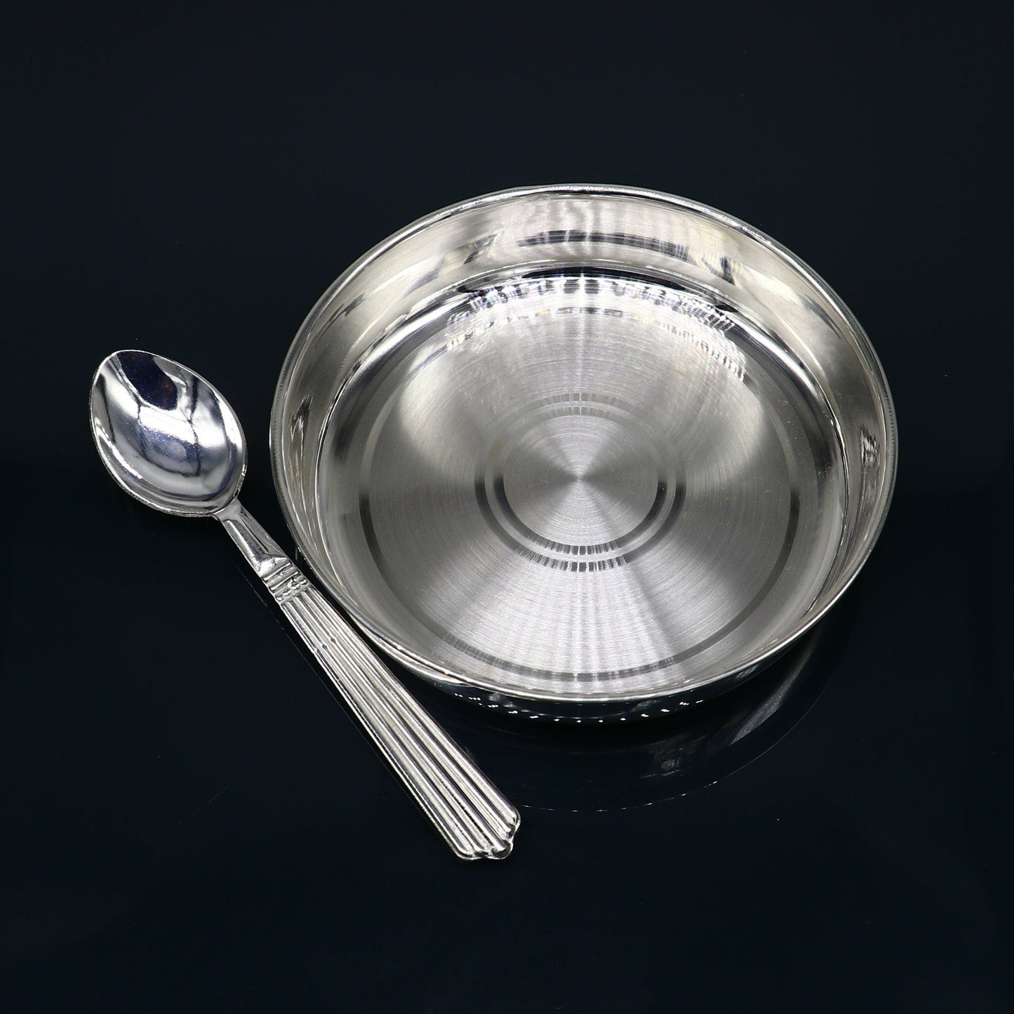 Handmade 999 fine solid silver baby food serving tray by TRIBAL ORNAMENTS, ideal for rice ceremony and Annaprashana celebrations.