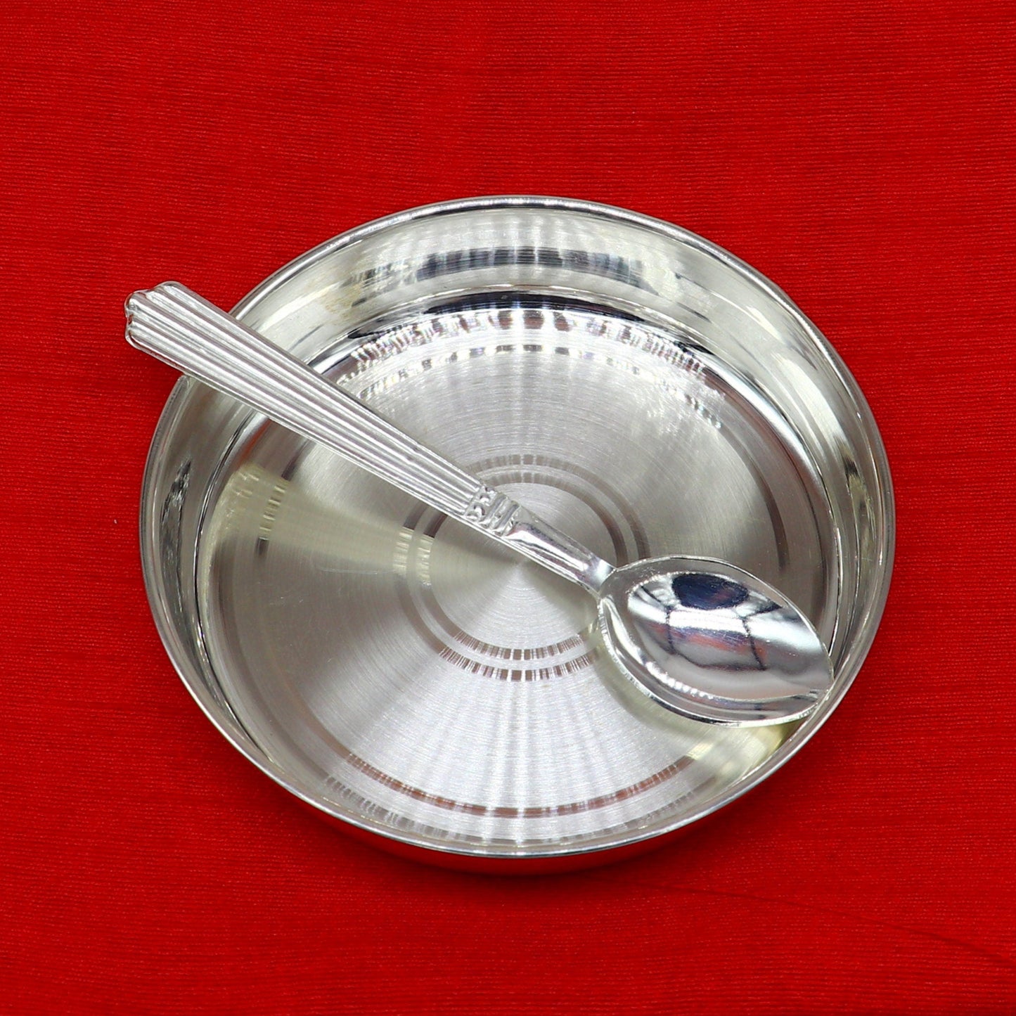 Solid silver handmade baby food tray by TRIBAL ORNAMENTS, perfect for rice ceremony or Annaprashana serving utensils.