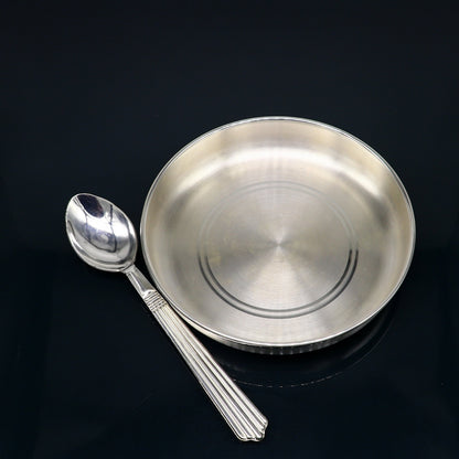 999  fine solid silver handmade tray/ plate for baby food serving, silver vessels, silver utensils,best new born baby gift  india sv212 - TRIBAL ORNAMENTS