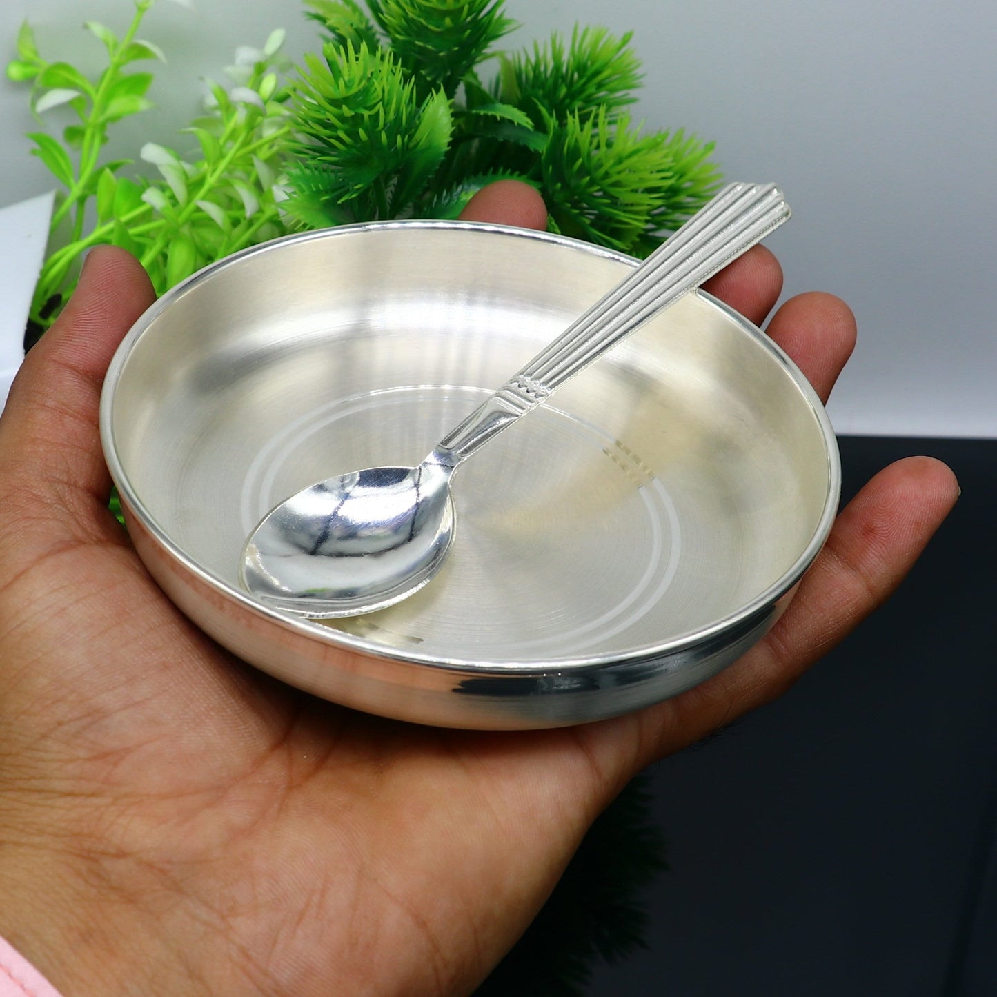 999  fine solid silver handmade tray/ plate for baby food serving, silver vessels, silver utensils,best new born baby gift  india sv212 - TRIBAL ORNAMENTS