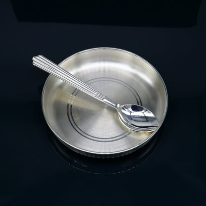 999  fine solid silver handmade tray/ plate for baby food serving, silver vessels, silver utensils,best new born baby gift  india sv212 - TRIBAL ORNAMENTS