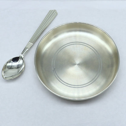 999  fine solid silver handmade tray/ plate for baby food serving, silver vessels, silver utensils,best new born baby gift  india sv212 - TRIBAL ORNAMENTS
