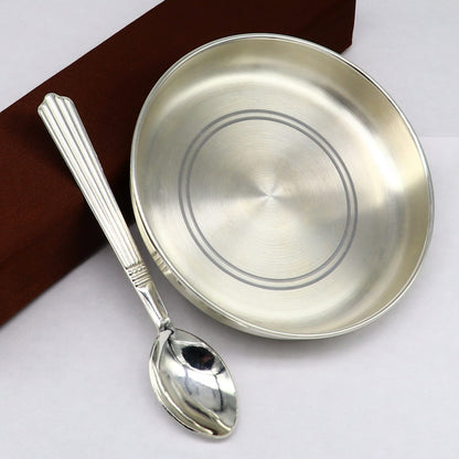 999  fine solid silver handmade tray/ plate for baby food serving, silver vessels, silver utensils,best new born baby gift  india sv212 - TRIBAL ORNAMENTS