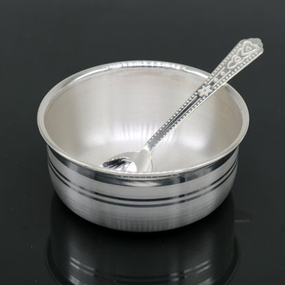 Handmade 999 pure fine silver bowl and spoon set with antibacterial properties, designed for babies and kids, by Tribal Ornaments.