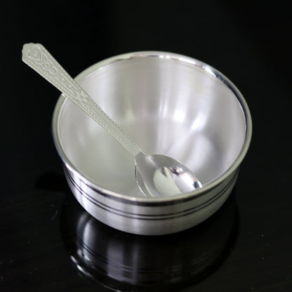 Handmade 999 pure fine silver bowl and spoon set with antibacterial properties, designed for babies and kids, by TRIBAL ORNAMENTS.