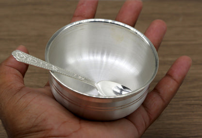 Handmade 999 pure silver bowl and spoon set by TRIBAL ORNAMENTS, featuring antibacterial silver for healthy babies and kids.