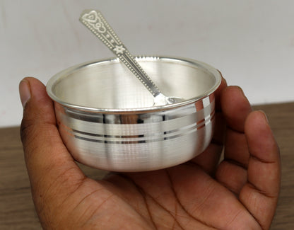 Handmade 999 pure fine silver bowl and spoon set with antibacterial properties, designed for babies and kids from TRIBAL ORNAMENTS.