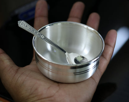 Handmade 999 pure fine silver bowl and spoon set with antibacterial properties, designed for babies and kids by Tribal Ornaments.