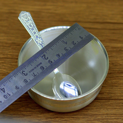 Handmade 999 pure fine silver bowl and spoon set with antibacterial properties, designed for baby and kids' health by TRIBAL ORNAMENTS.