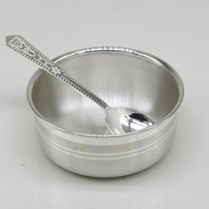Handmade 999 pure fine silver bowl and spoon set by TRIBAL ORNAMENTS, featuring antibacterial silver for baby and kids health.