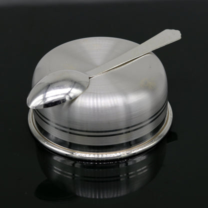 Handmade 999 pure fine silver bowl and spoon set with antibacterial properties, designed for babies and kids, by TRIBAL ORNAMENTS.