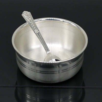 999 pure fine silver handmade silver bowl and spoon set, silver utensils silver art, tray stay baby/kids healthy, silver vessels sv75 - TRIBAL ORNAMENTS