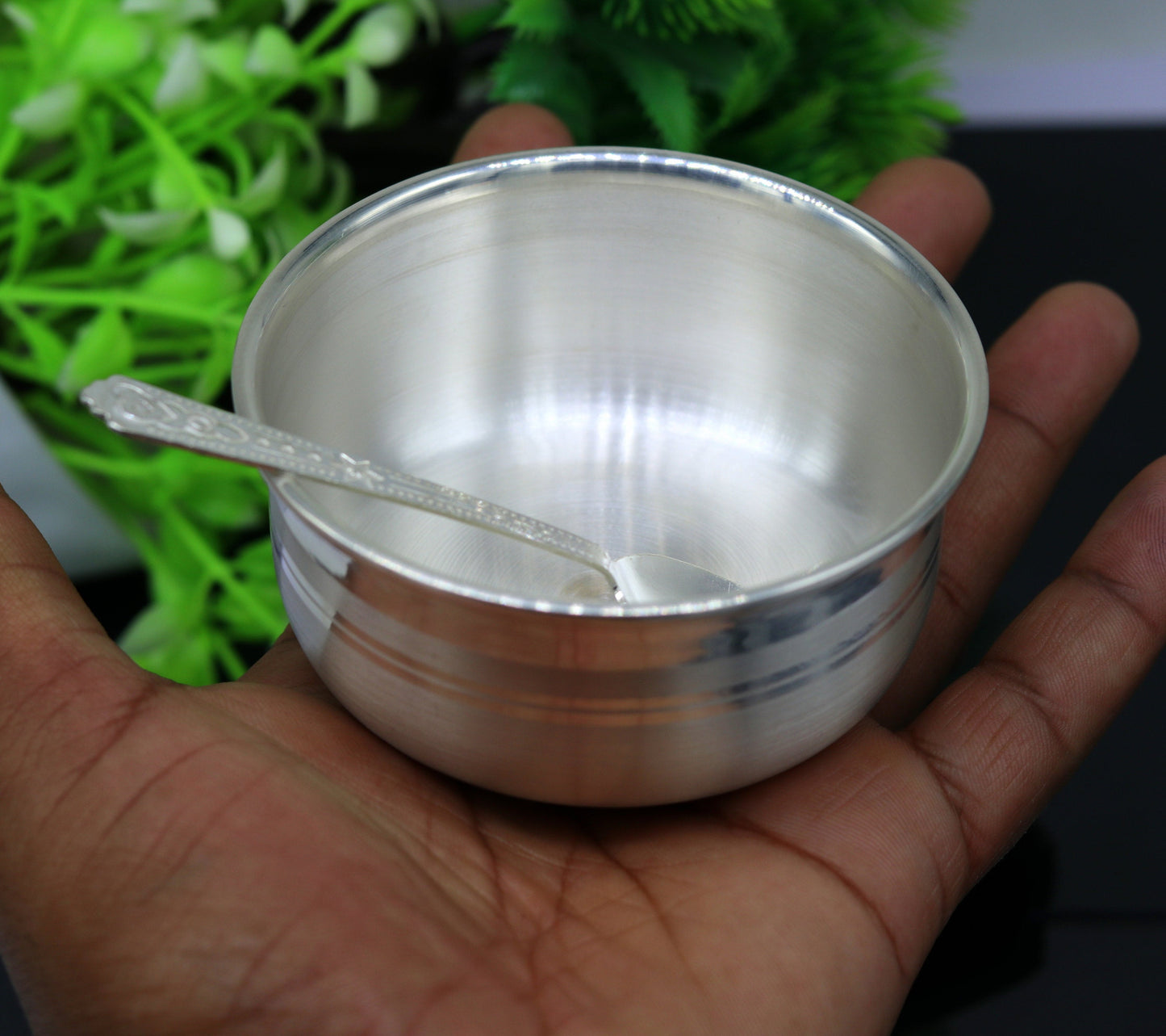 999 pure fine silver handmade silver bowl and spoon set, silver utensils silver art, tray stay baby/kids healthy, silver vessels sv76 - TRIBAL ORNAMENTS