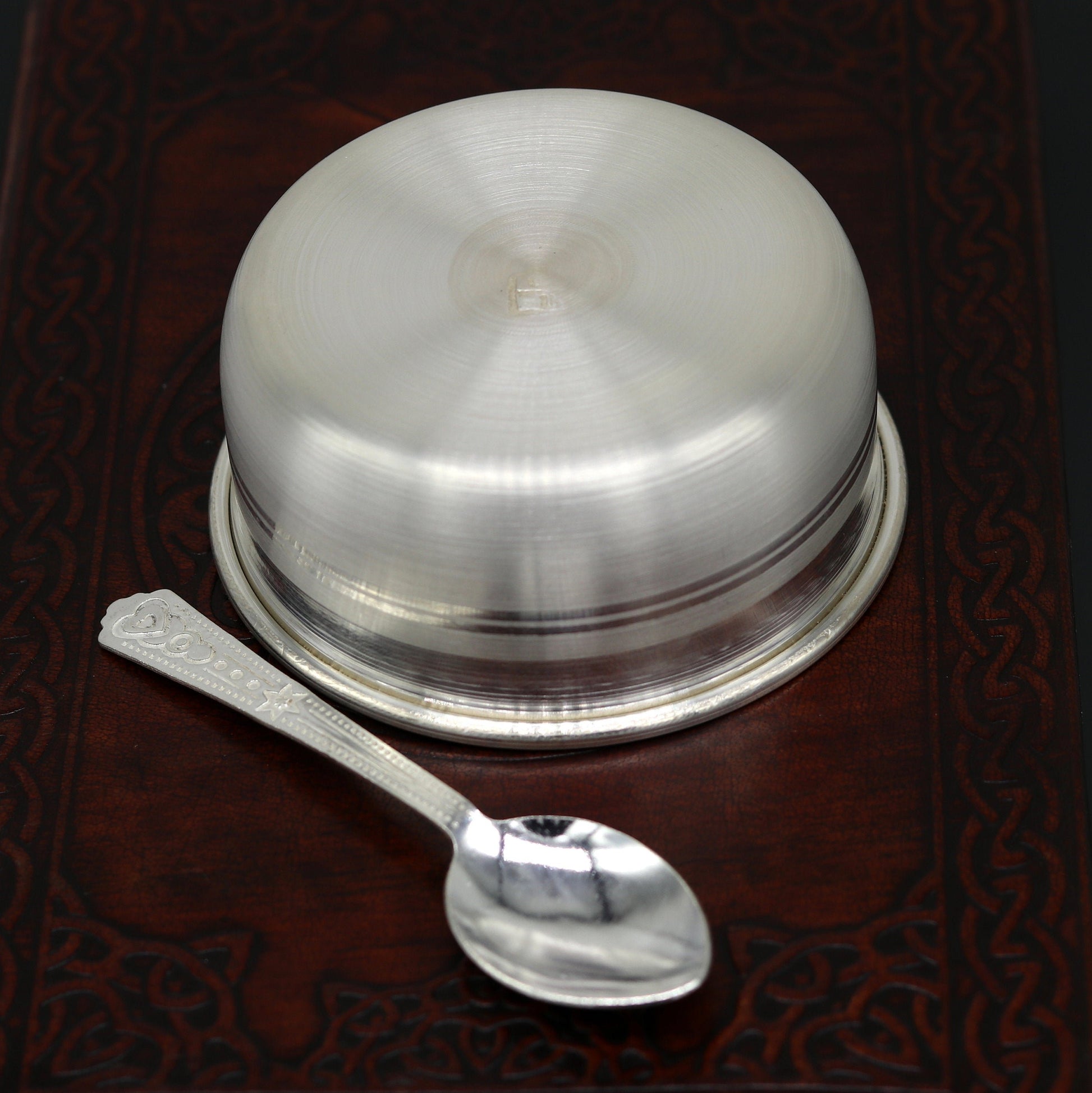 999 pure fine silver handmade silver bowl and spoon set, silver utensils silver art, tray stay baby/kids healthy, silver vessels sv76 - TRIBAL ORNAMENTS