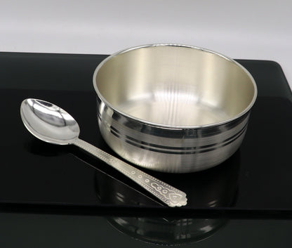 999 pure fine silver handmade solid bowl and spoon, silver baby utensils set, stay healthy kids/baby for using silver vessels, feeding sv126 - TRIBAL ORNAMENTS
