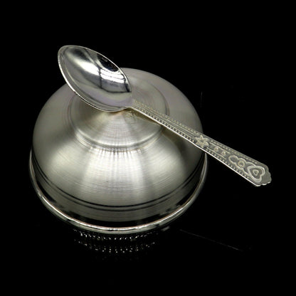 Handmade 999 pure fine silver utensils including a silver vessel, accessories, puja art, and a baby bowl set by Tribal Ornaments.