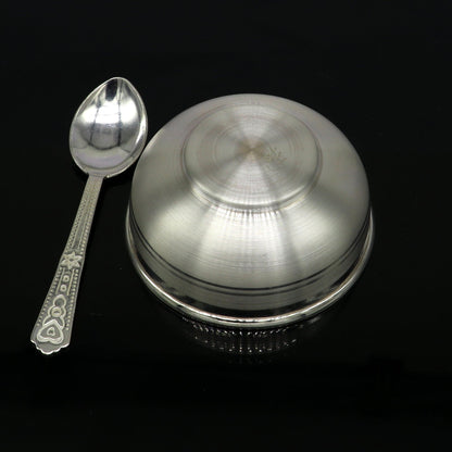 Handmade 999 pure fine silver utensils, including vessels and baby bowls, from TRIBAL ORNAMENTS for puja and decorative use.