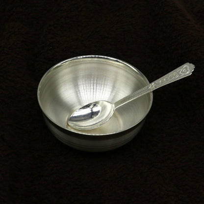 Handmade 999 pure fine silver utensils and baby bowl set, featuring silver vessels and accessories for puja and traditional use.