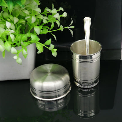 Pure silver combo bowl and water/milk tumbler from TRIBAL ORNAMENTS, featuring traditional silver vessels and baby utensils.