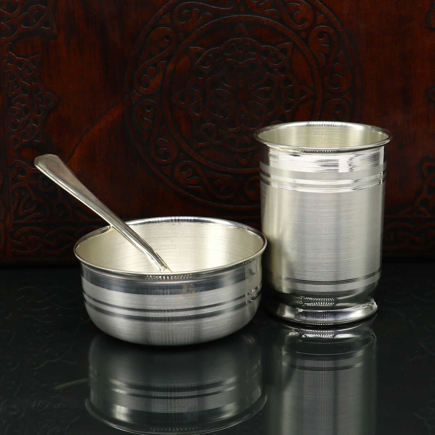 Pure silver combo bowl and tumbler set by Tribal Ornaments, includes baby utensils and kids food silver vessel for gifting.