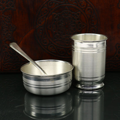 Pure silver combo bowl and tumbler set by Tribal Ornaments, includes baby utensils and kids food silver vessel for gifting.