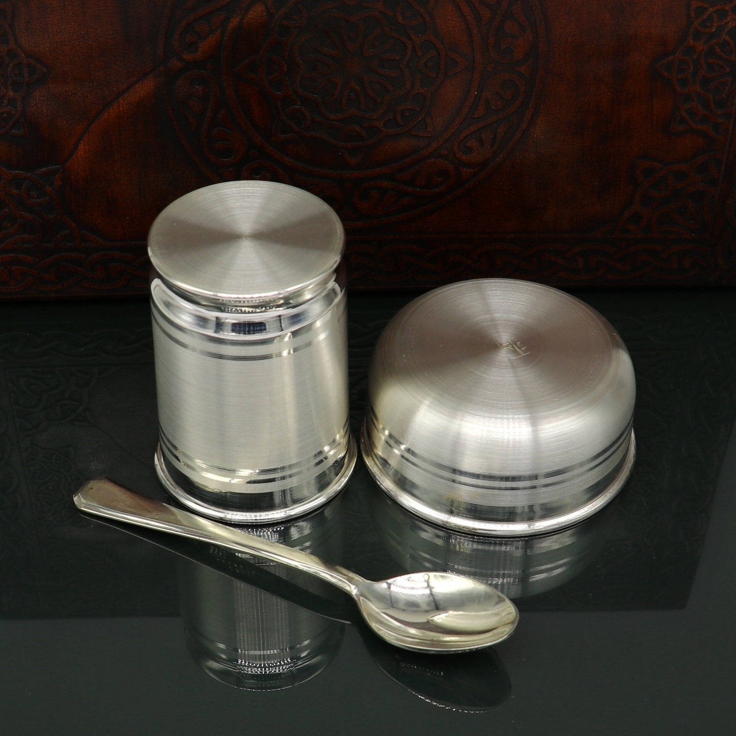 Pure silver combo bowl and tumbler set by Tribal Ornaments, includes baby utensils and kids food vessels, crafted in 999 silver.