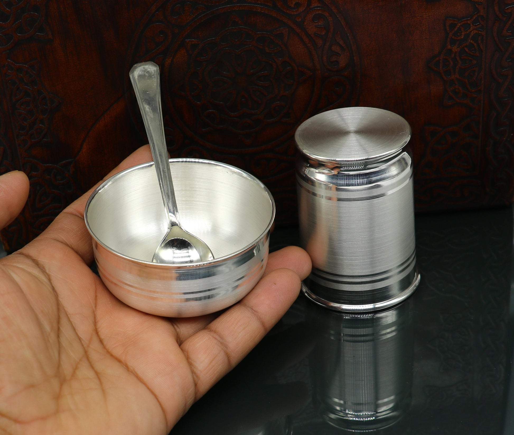 999 pure silver combo bowl and tumbler set by TRIBAL ORNAMENTS, includes baby utensils and gift silver vessels for kids' food.