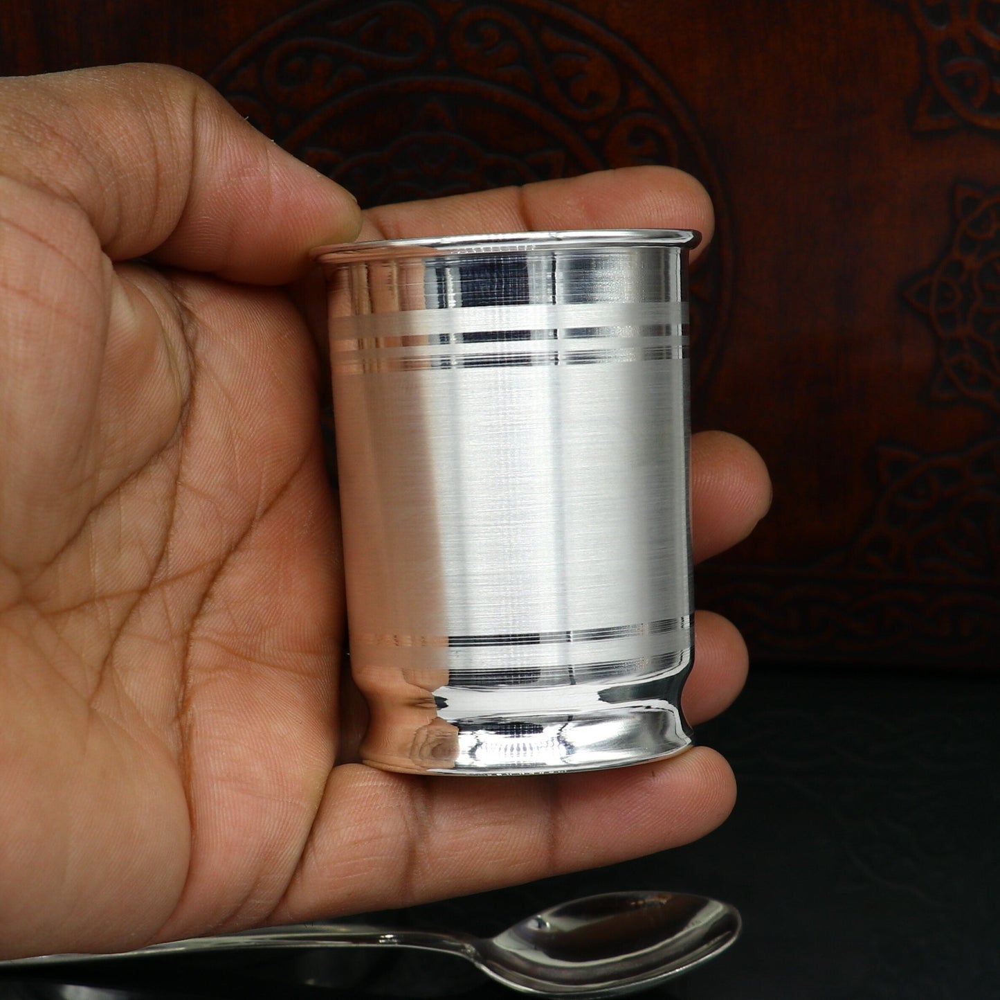 999 pure silver combo bowl and water/milk tumbler set by TRIBAL ORNAMENTS, featuring silver baby utensils and gift silver vessels.