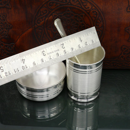 Pure silver combo bowl and water/milk tumbler set by Tribal Ornaments, featuring silver baby utensils and gifting silver kitchenware.