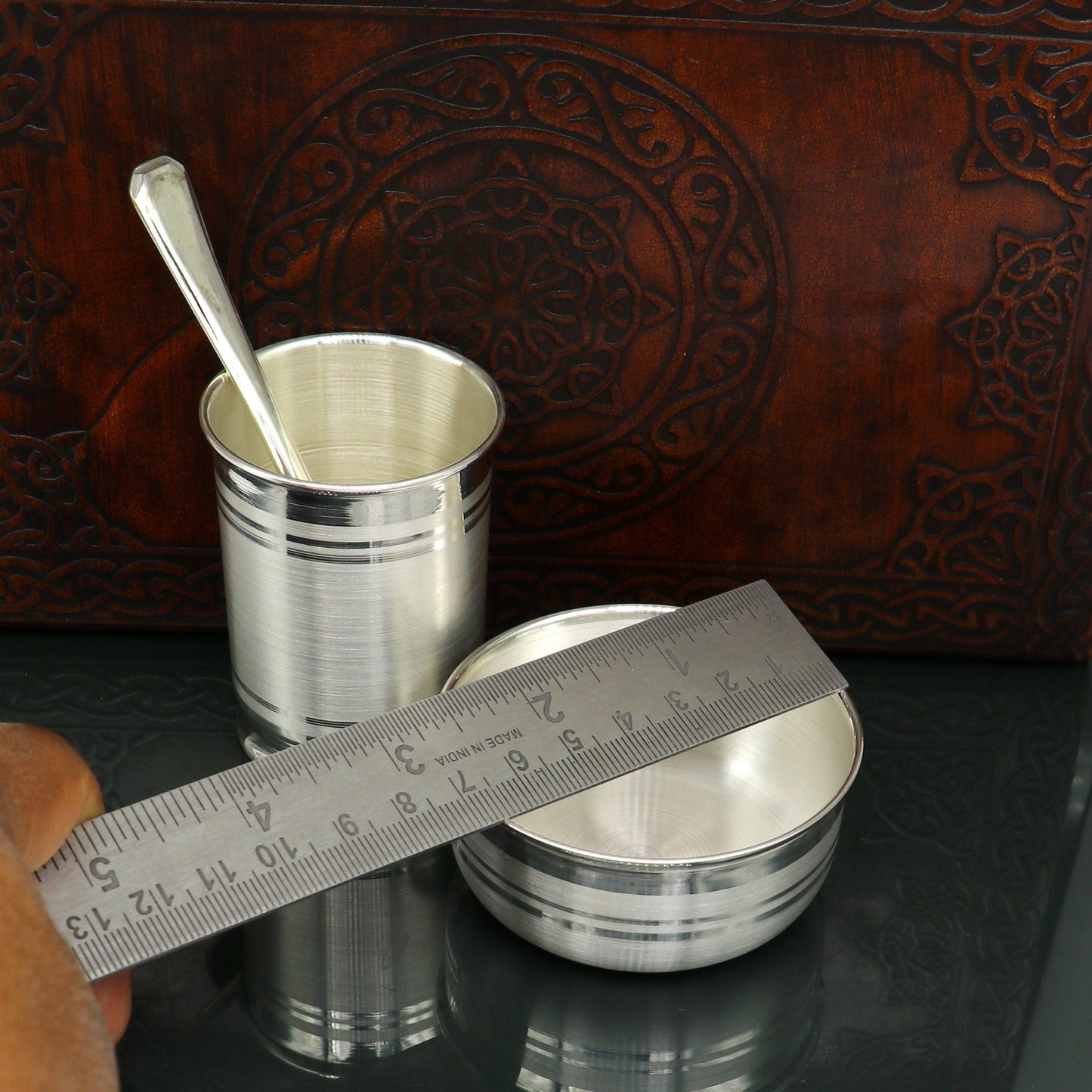 999 pure silver combo bowl and tumbler set by Tribal Ornaments, featuring silver baby utensils and gift-ready silver vessel.