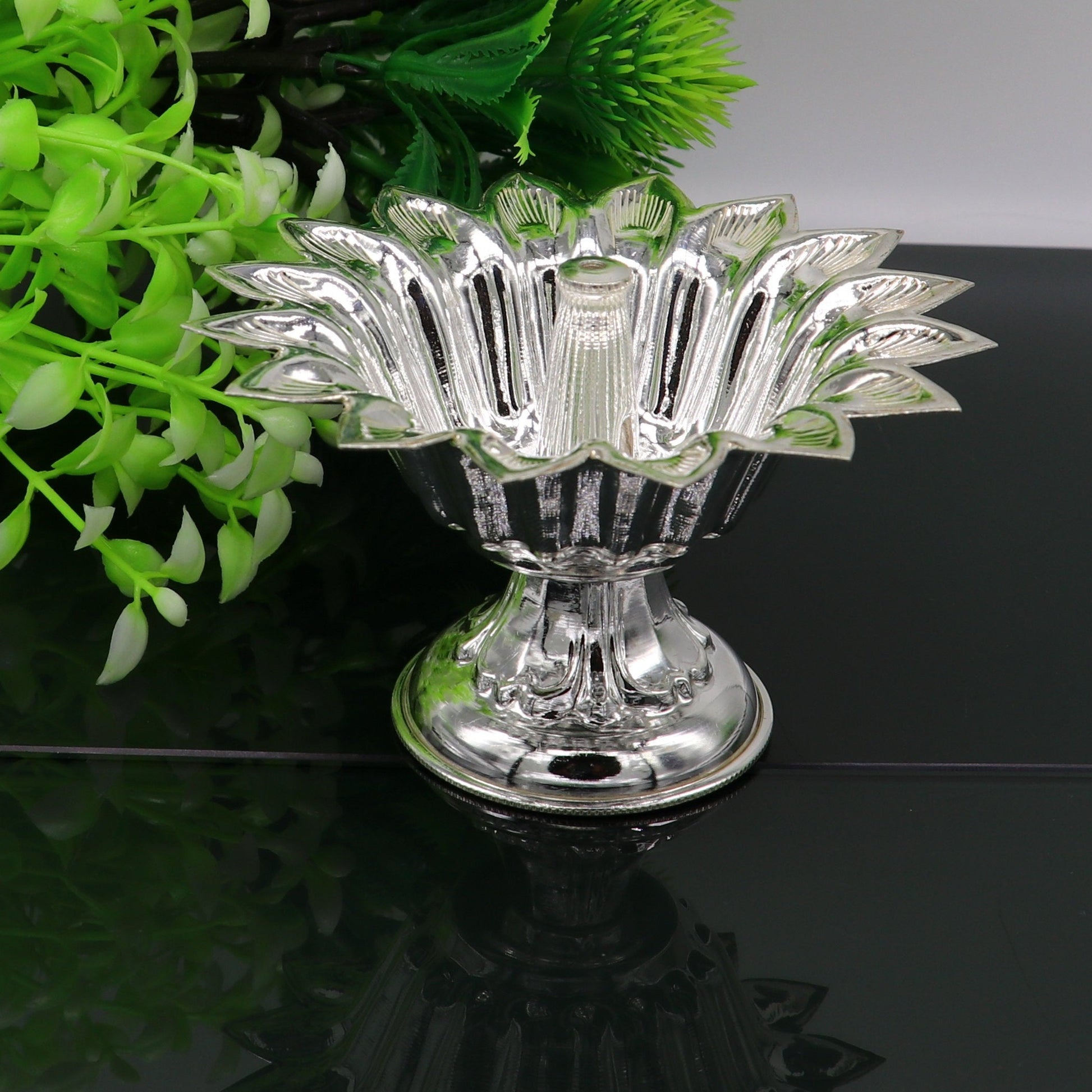 999 pure silver handmade elegant oil lamp, silver home temple utensils, silver diya, deepak, silver vessels, silver art decorative art su172 - TRIBAL ORNAMENTS