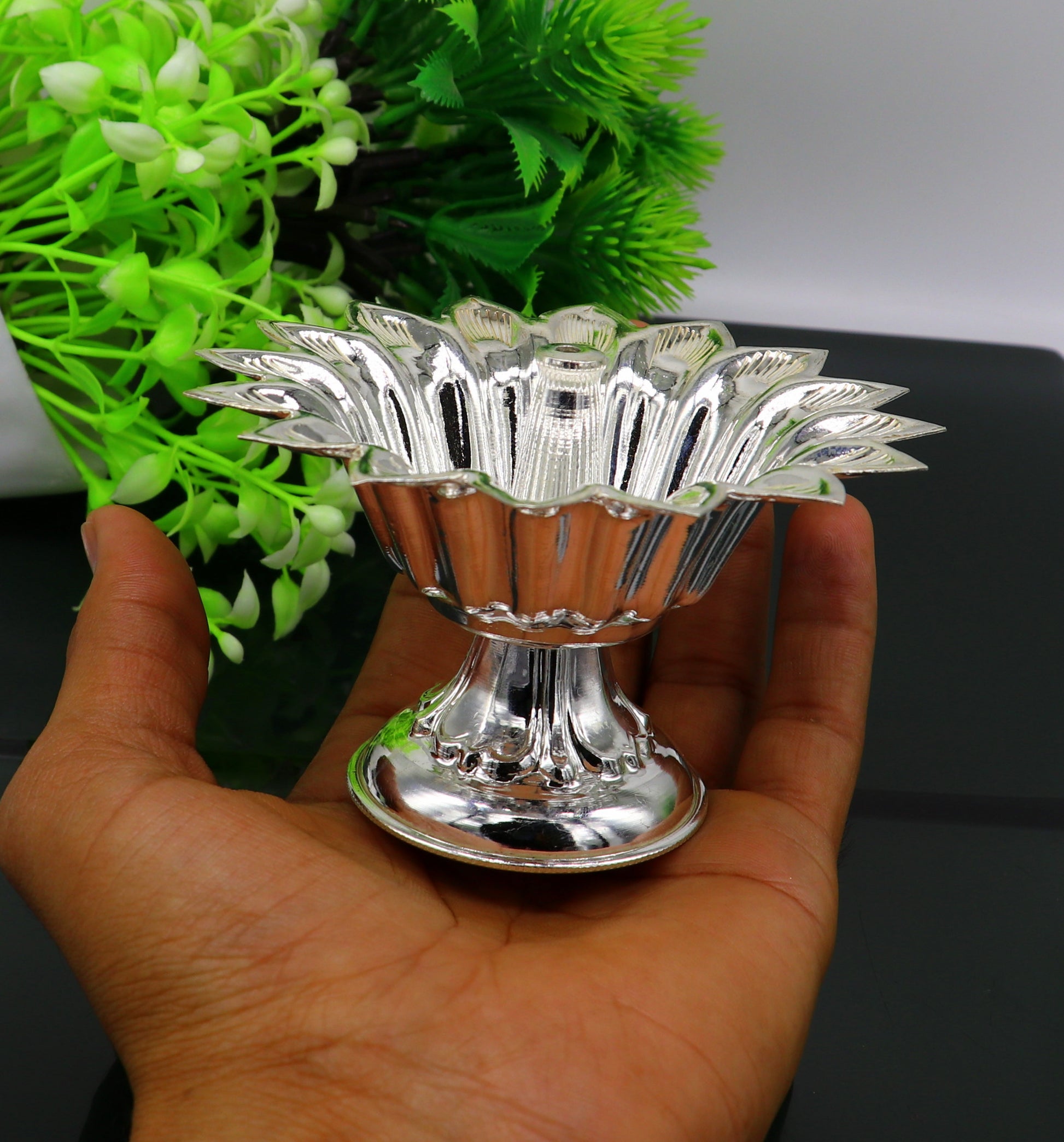 999 pure silver handmade elegant oil lamp, silver home temple utensils, silver diya, deepak, silver vessels, silver art decorative art su172 - TRIBAL ORNAMENTS